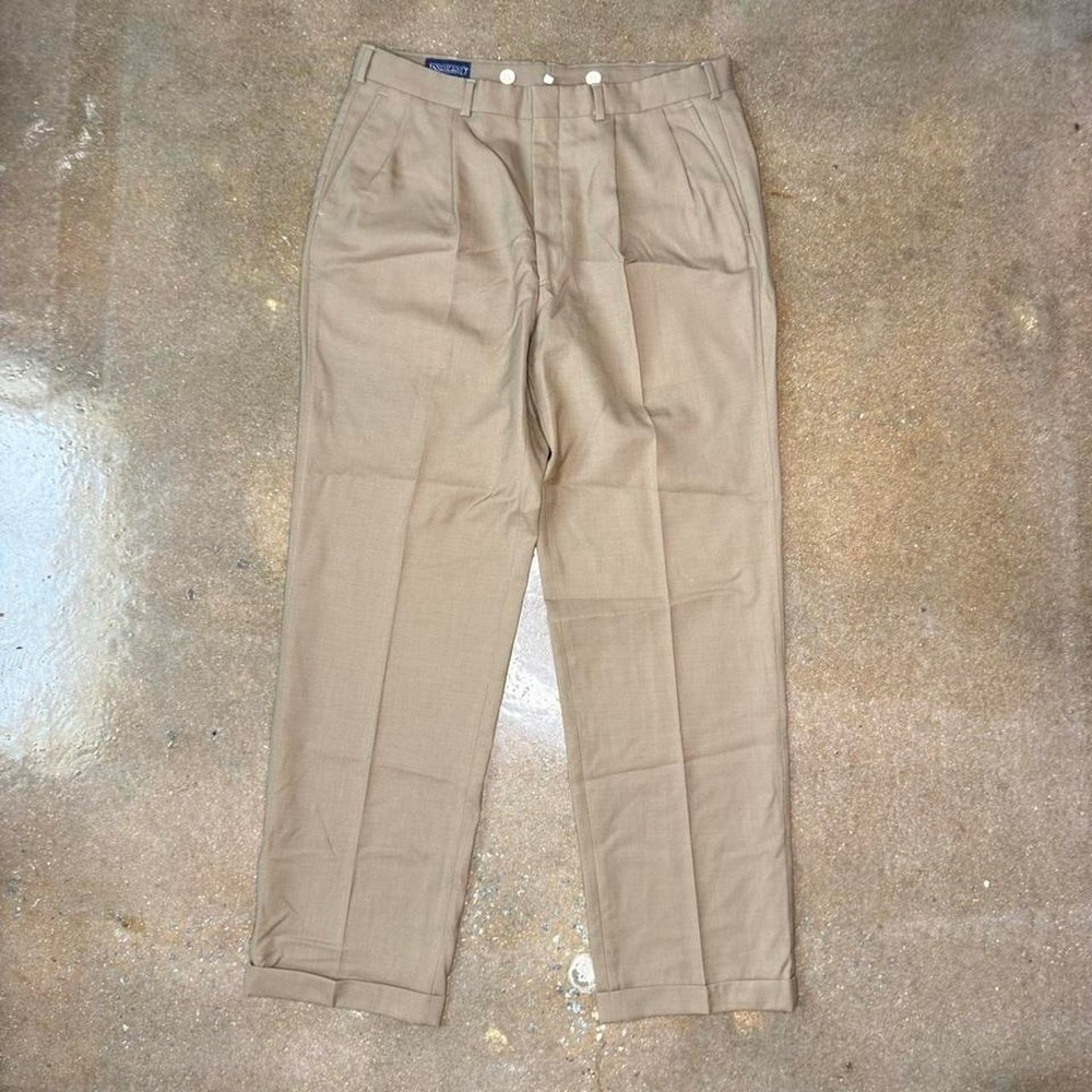 Lands End Mens 36 Tan Worsted Wool Pleated Cuffed Dress Pants Made in USA Vtg